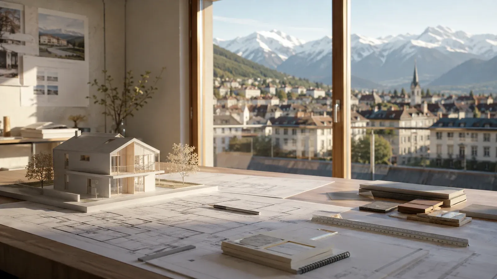 Architekturmodell eines Wohnhauses auf Bauplänen in einem Planungsatelier mit Blick auf eine Stadt und eine Berglandschaft.