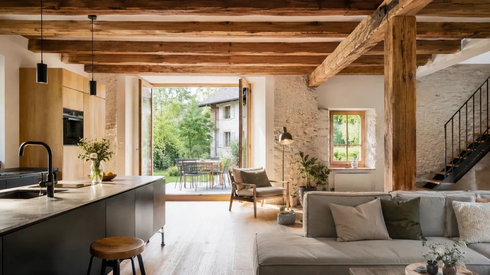 Sanierter Wohnraum mit sichtbaren Holzbalken und Natursteinwänden, moderner Küche und grosser Öffnung zum Garten.