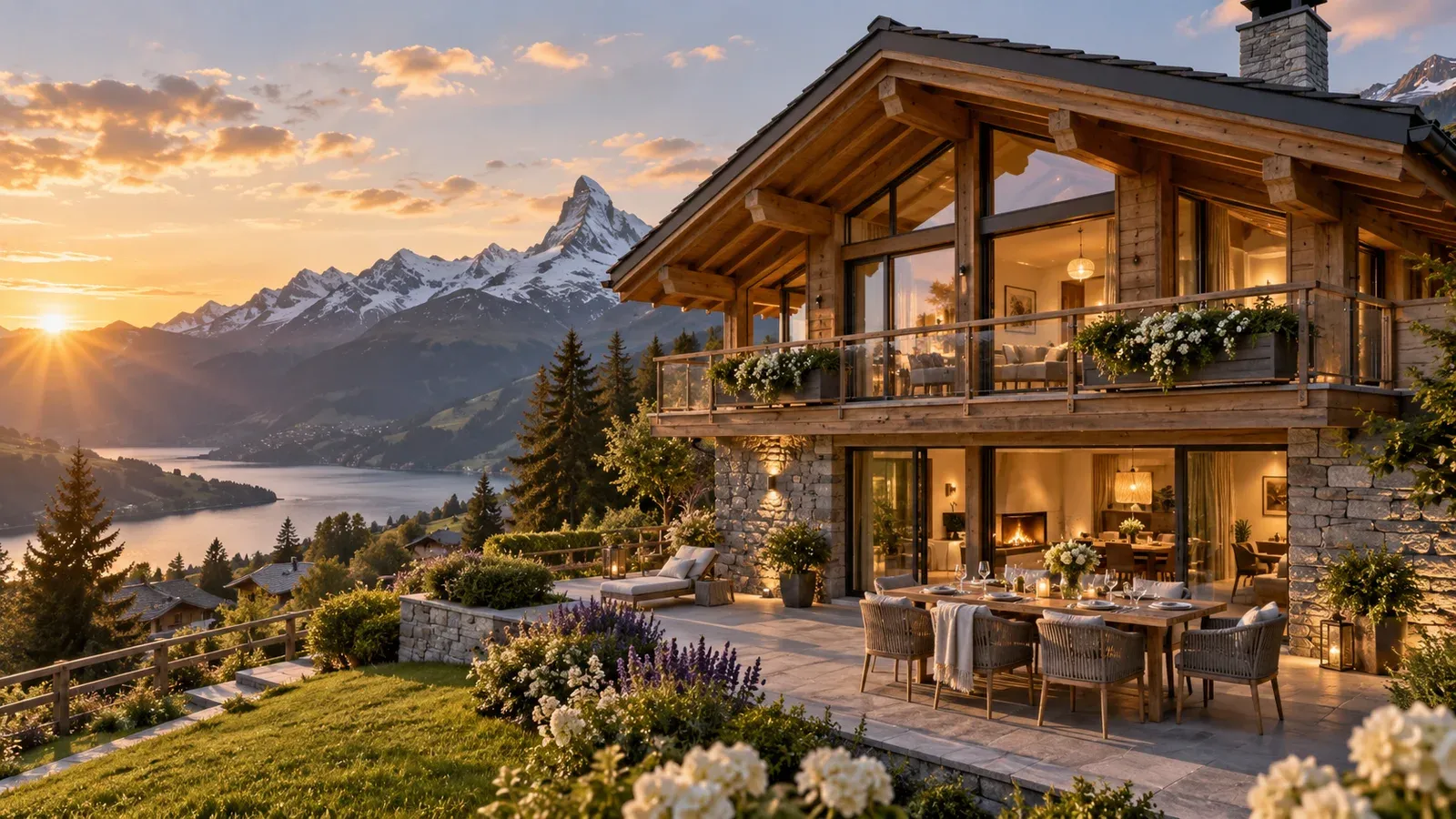 Grosses Holzchalet mit steinernem Sockel, Terrasse und Garten vor einer alpinen See- und Berglandschaft bei Sonnenuntergang.