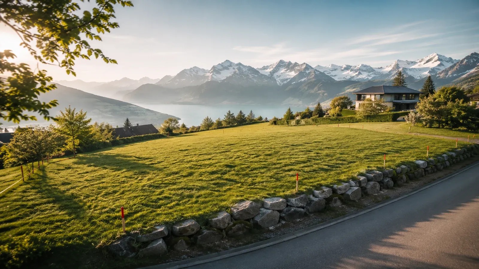Unbebautes, geneigtes Wiesengrundstück an einer Strasse mit Wohnhäusern, See und Bergen im Hintergrund.