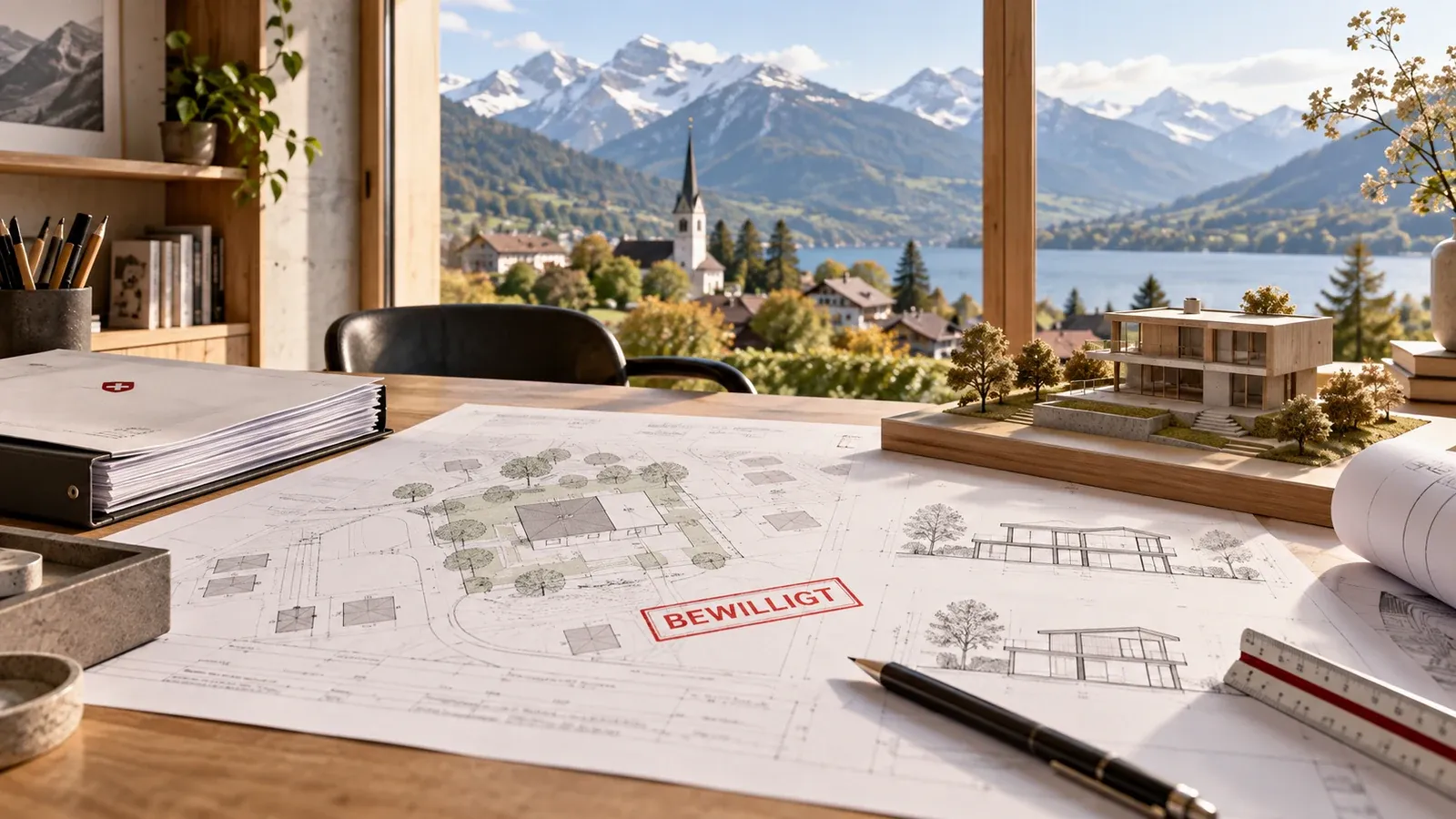 Architekturpläne, ein Gebäudemodell und eine Baueingabemappe auf einem Arbeitstisch vor einer alpinen Ortslandschaft; auf einem Plan ist ein roter symbolischer Stempel mit der Aufschrift «BEWILLIGT» zu sehen.