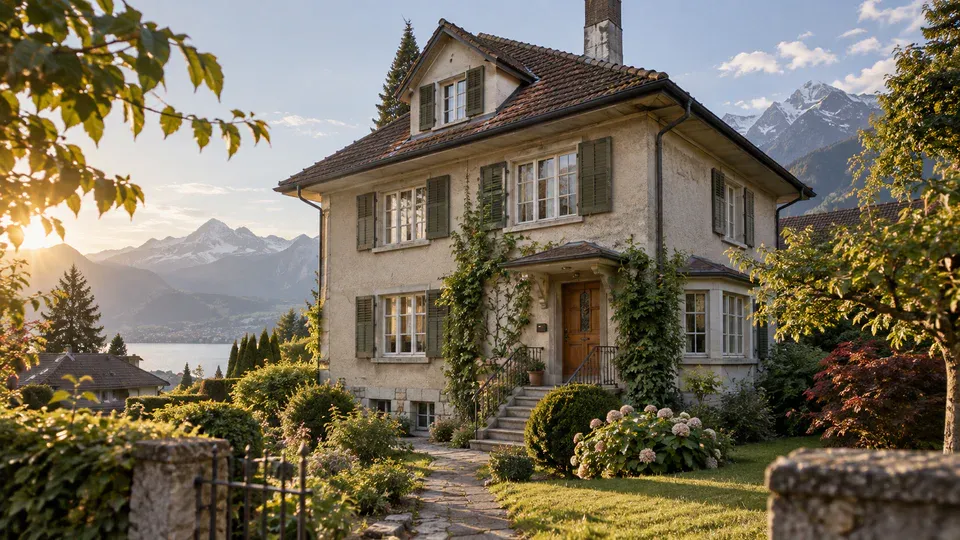Älteres verputztes Wohnhaus mit Garten vor einer Berglandschaft im Abendlicht.